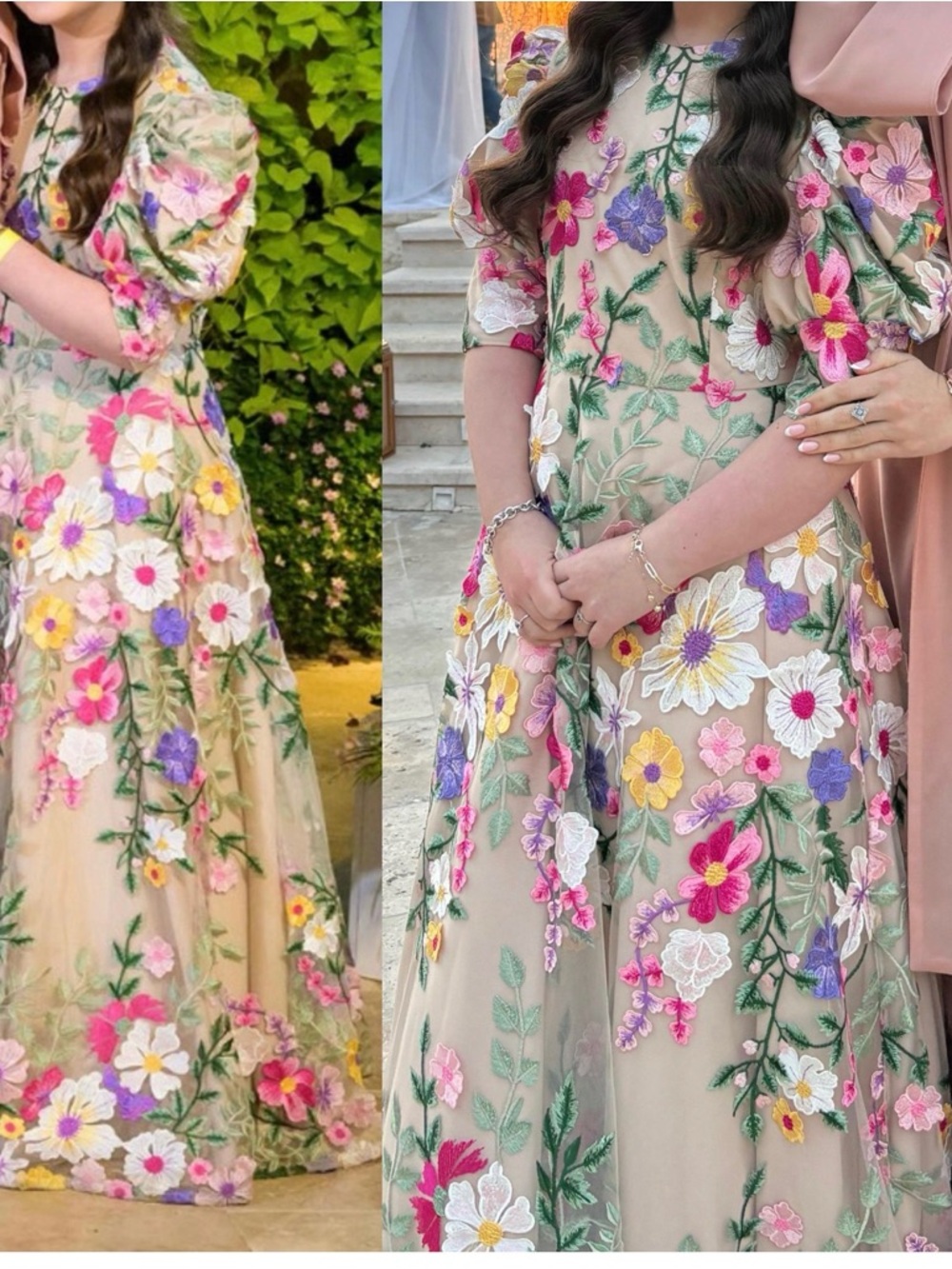 Floral Embroidered Beige Maxi Dress with Pink & Purple Accents